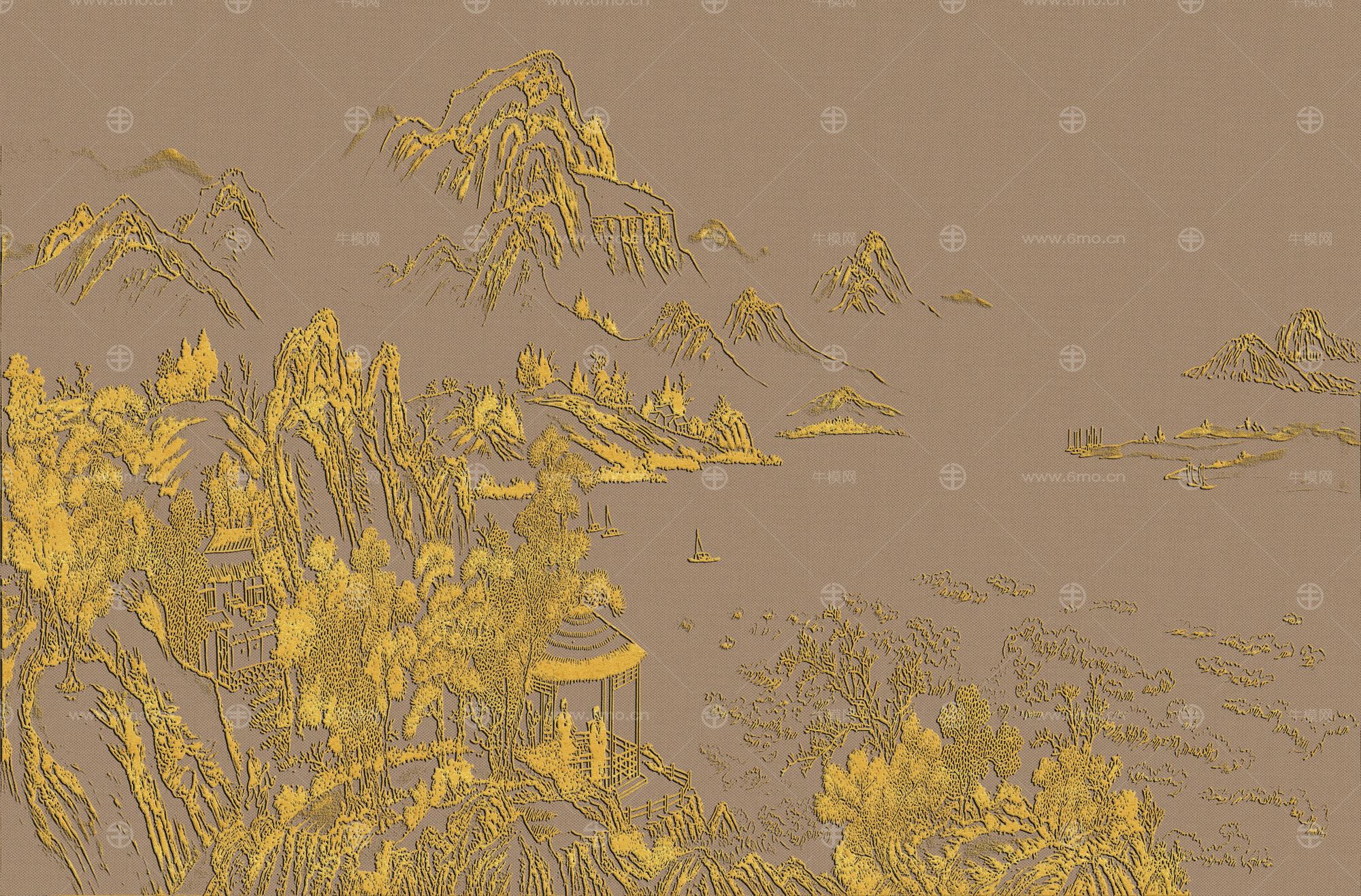 高清新中式亭台楼阁线条肌理背景墙壁画