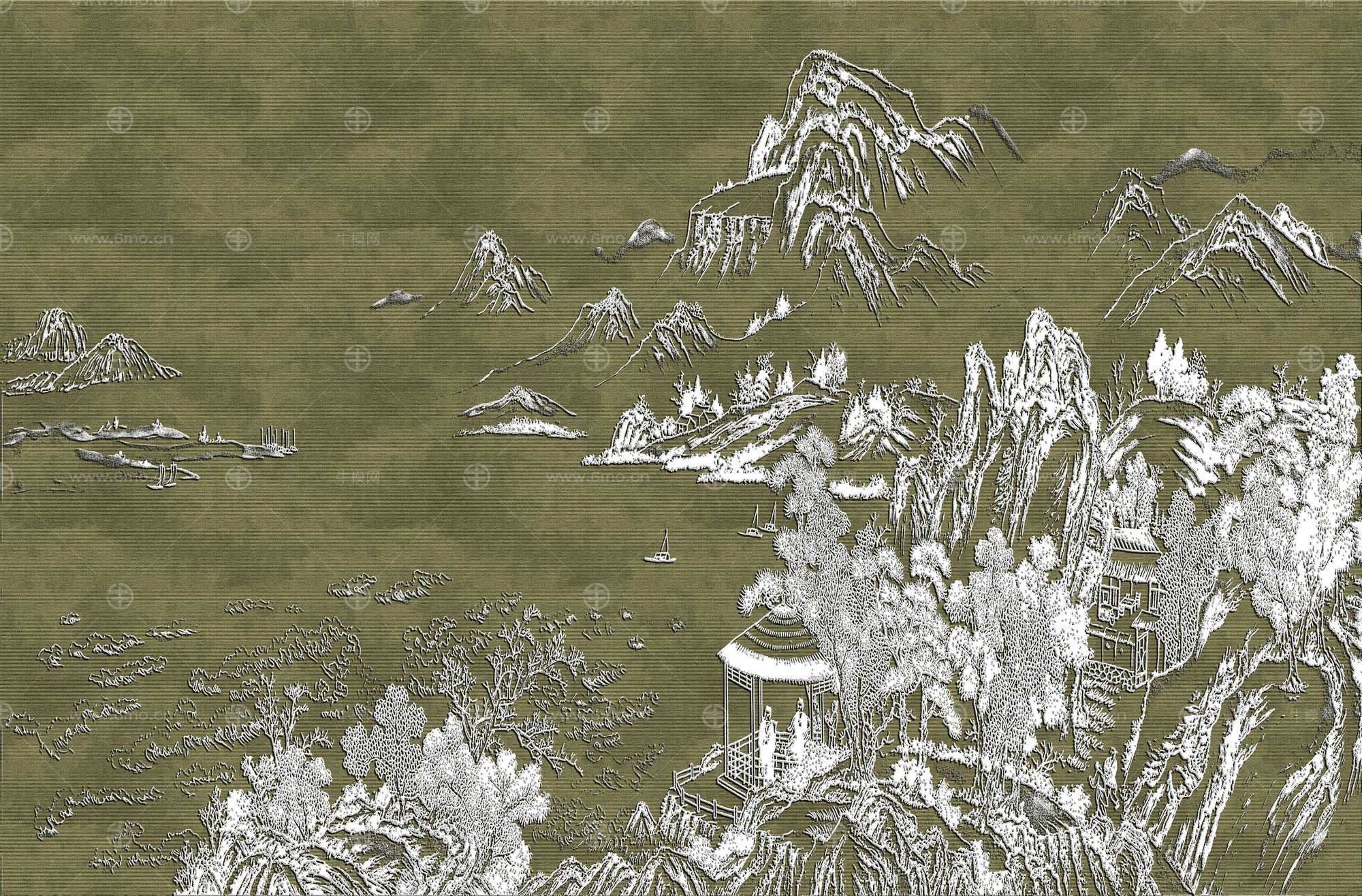 高清新中式亭台楼阁线条肌理背景墙壁画