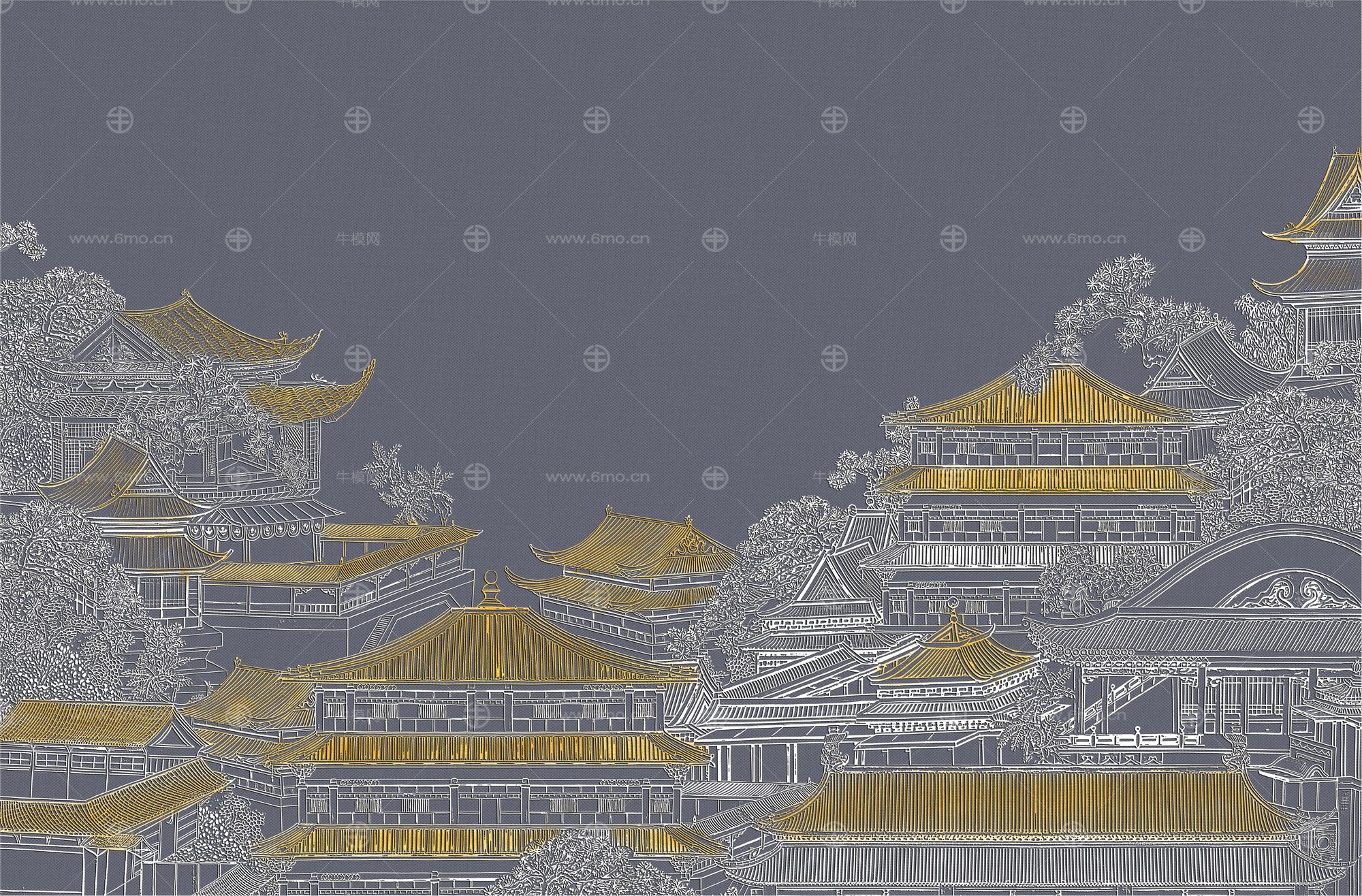 高清新中式亭台楼阁线条肌理背景墙壁画