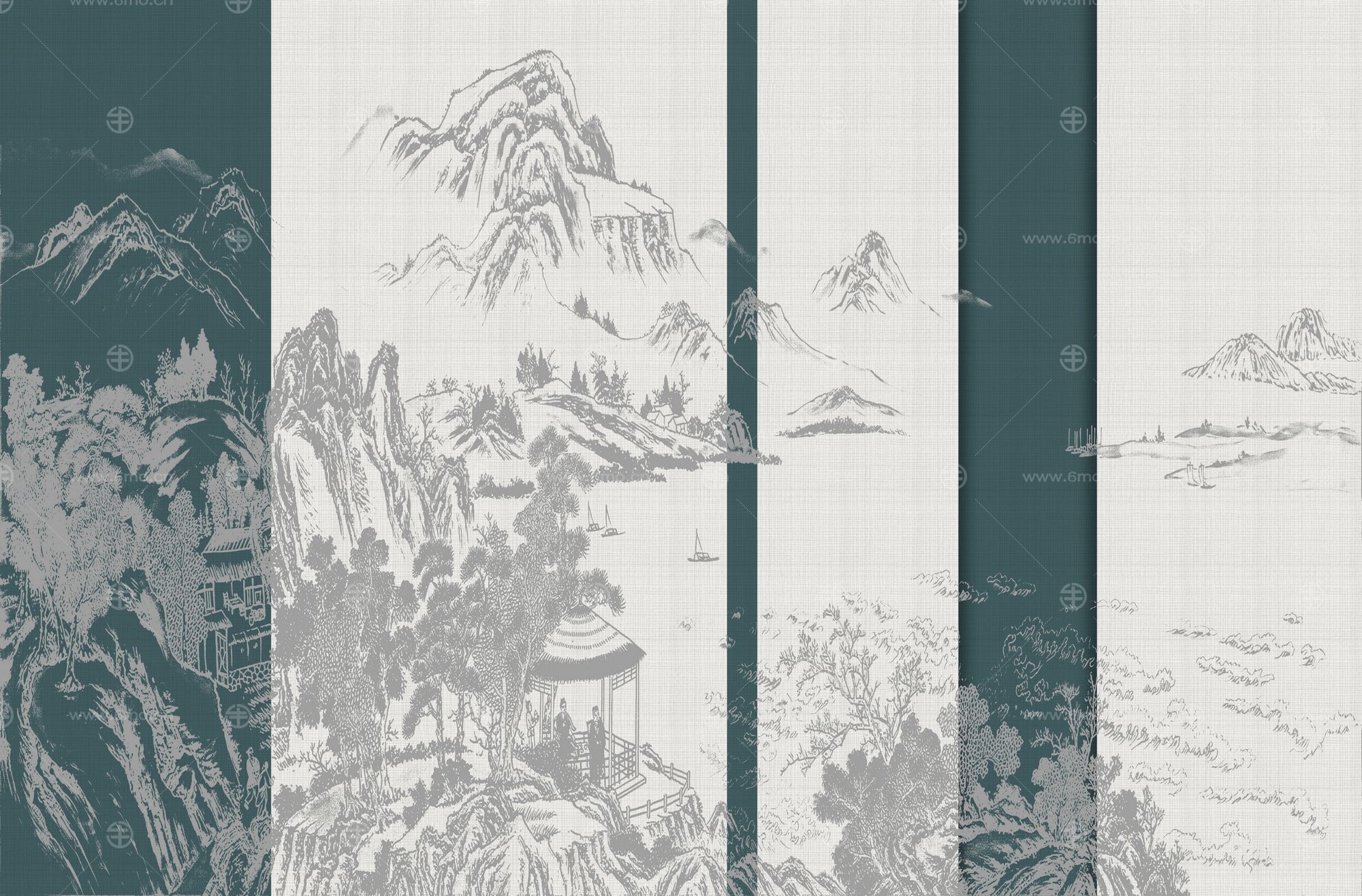 高清新中式亭台楼阁线条肌理背景墙壁画