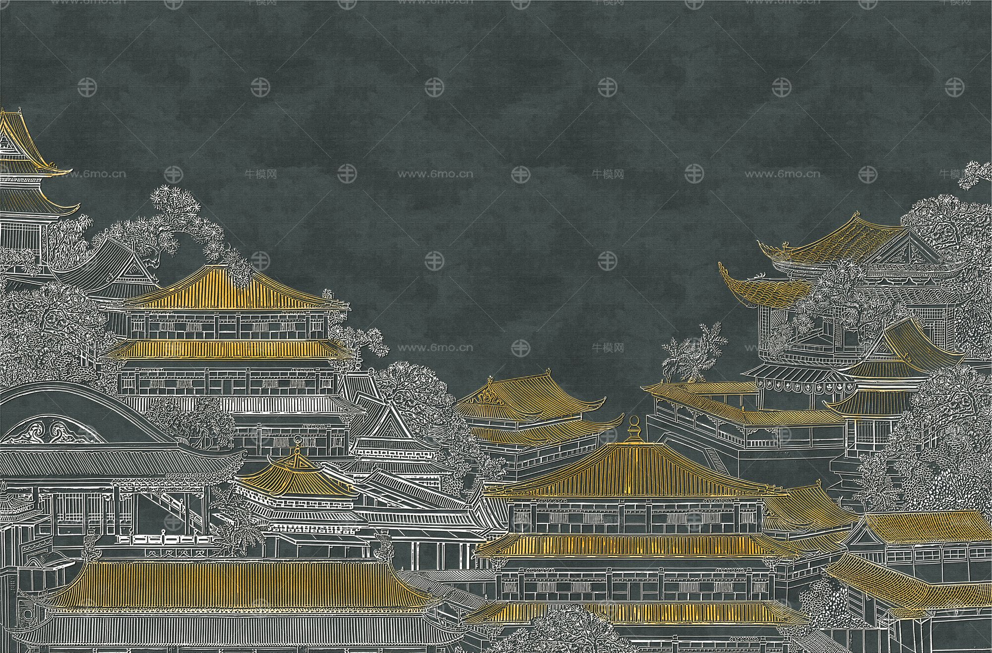 高清新中式亭台楼阁线条肌理背景墙壁画