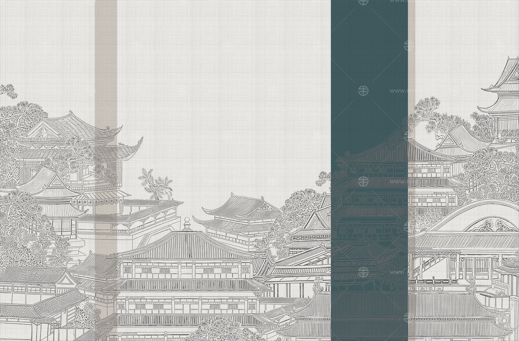 高清新中式亭台楼阁线条肌理背景墙壁画