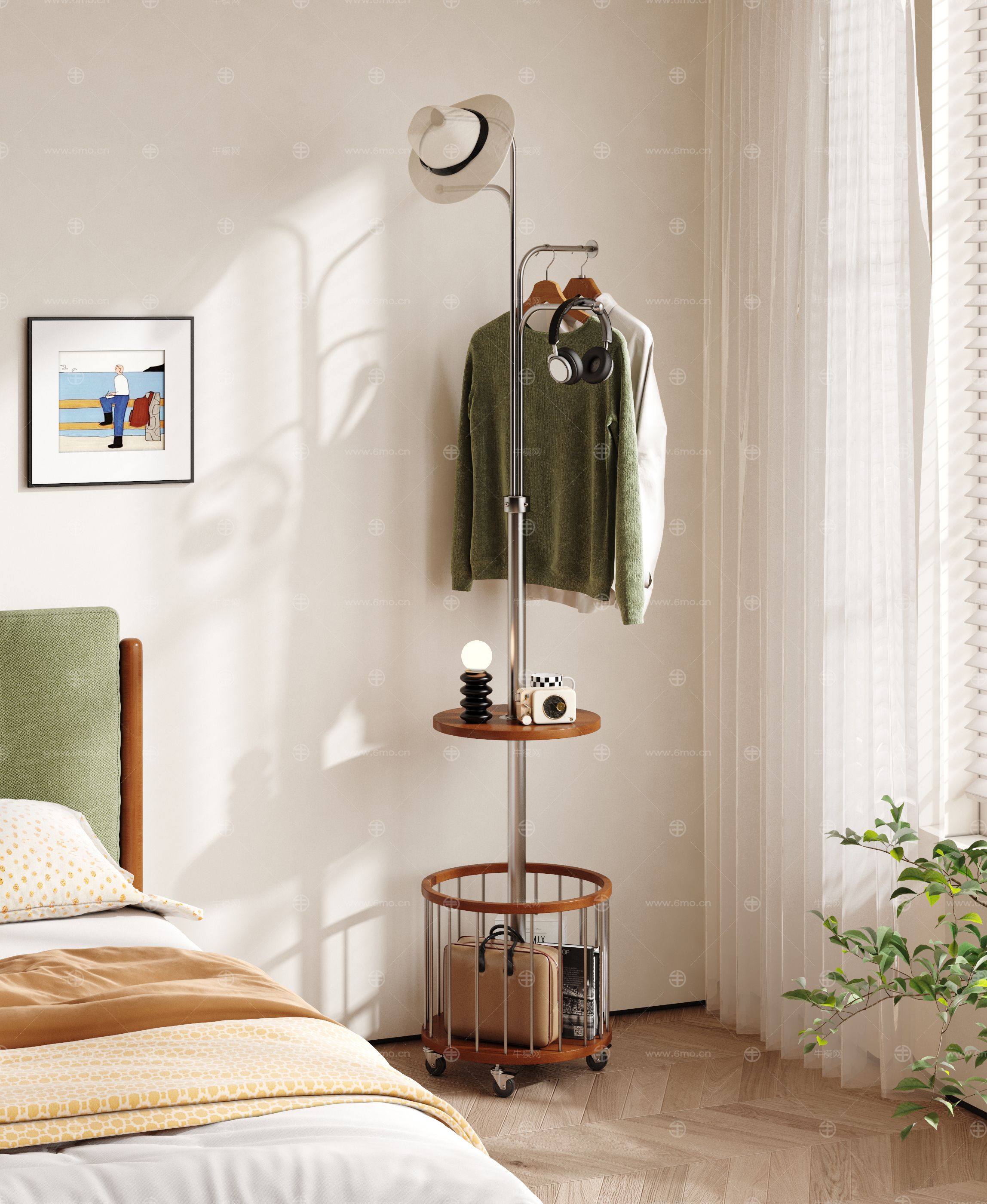 现代落地挂衣架 中古风落地移动挂衣架  置物架