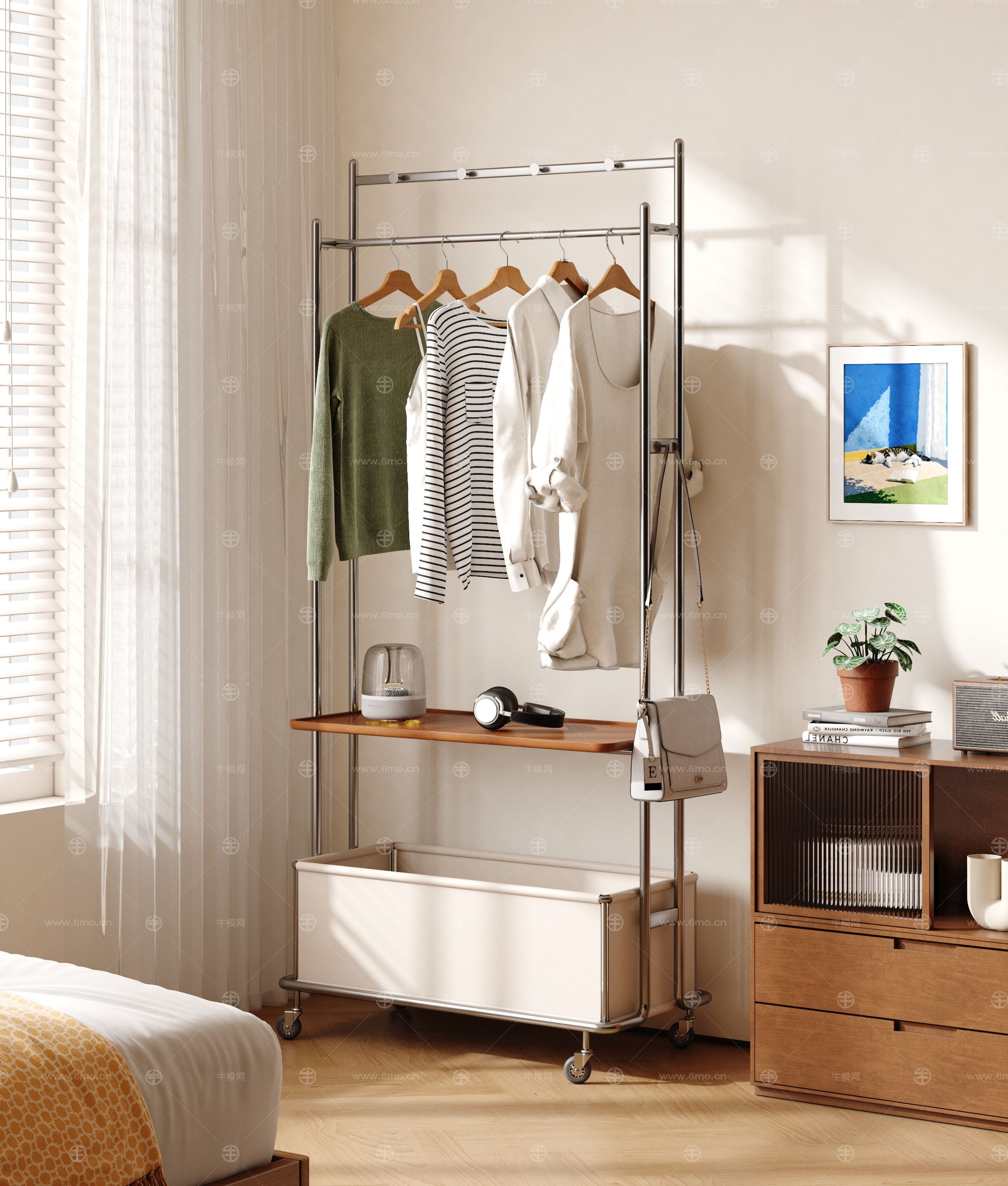 现代移动衣帽架 落地移动挂衣架 中古风移动衣帽架