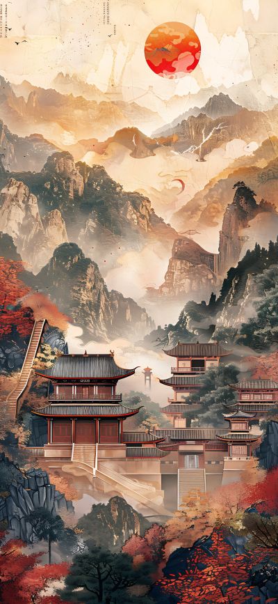 大美国风国潮元素中式美学壁画壁纸<b>背</b><b>景</b>