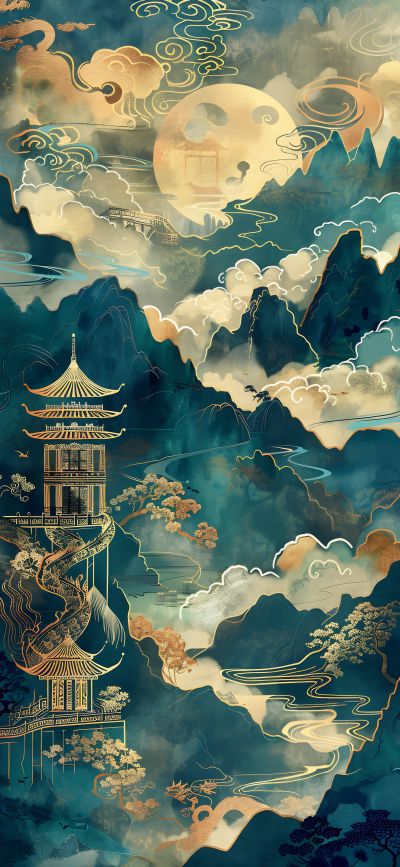大美国风国潮元素中式美学壁画壁纸<b>背</b><b>景</b>