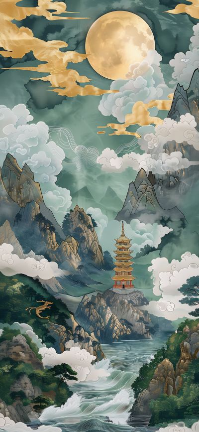 大美国风国潮元素中式美学壁画壁纸<b>背</b><b>景</b>