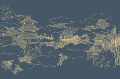 高清新中式亭台楼阁线条肌理<b>背</b><b>景</b><b>墙</b>壁画