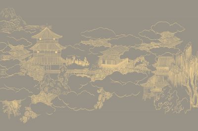 高清新中式亭台楼阁线条肌理<b>背</b><b>景</b><b>墙</b>壁画