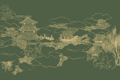 高清新中式亭台楼阁线条肌理<b>背</b><b>景</b><b>墙</b>壁画