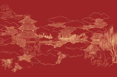 高清新中式亭台楼阁线条肌理<b>背</b><b>景</b><b>墙</b>壁画