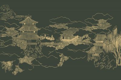 高清新中式亭台楼阁线条肌理<b>背</b><b>景</b><b>墙</b>壁画