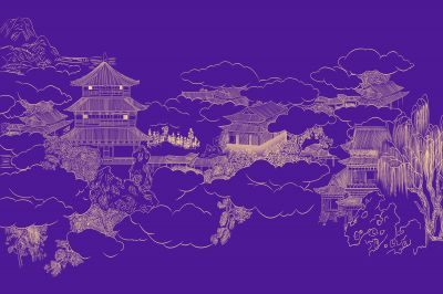 高清新中式亭台楼阁线条肌理<b>背</b><b>景</b><b>墙</b>壁画