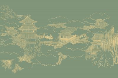 高清新中式亭台楼阁线条肌理<b>背</b><b>景</b><b>墙</b>壁画