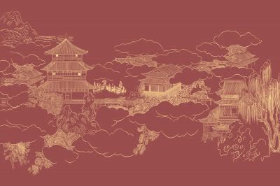 高清新中式亭台楼阁线条肌理<b>背</b><b>景</b><b>墙</b>壁画