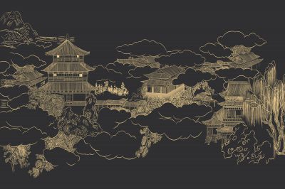 高清新中式亭台楼阁线条肌理<b>背</b><b>景</b><b>墙</b>壁画