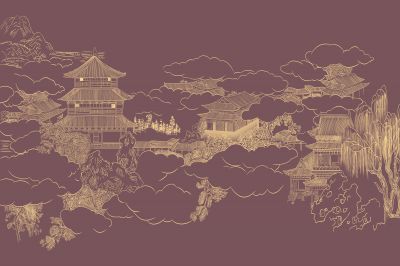 高清新中式亭台楼阁线条肌理<b>背</b><b>景</b><b>墙</b>壁画