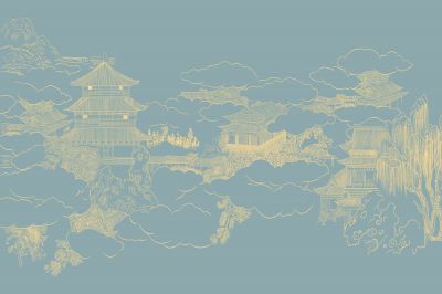 高清新中式亭台楼阁线条肌理<b>背</b><b>景</b><b>墙</b>壁画