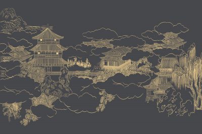 高清新中式亭台楼阁线条肌理<b>背</b><b>景</b><b>墙</b>壁画