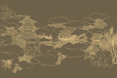 高清新中式亭台楼阁线条肌理<b>背</b><b>景</b><b>墙</b>壁画
