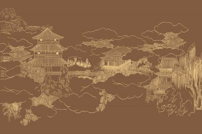 高清新中式亭台楼阁线条肌理<b>背</b><b>景</b><b>墙</b>壁画