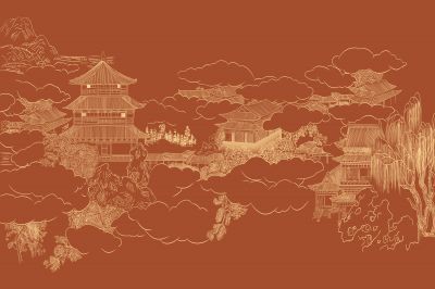 高清新中式亭台楼阁线条肌理<b>背</b><b>景</b><b>墙</b>壁画
