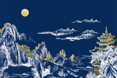 高清新中式亭台楼阁线条肌理<b>背</b><b>景</b><b>墙</b>壁画