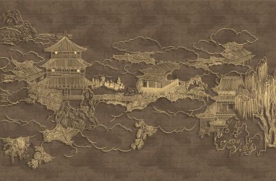 高清新中式亭台楼阁线条肌理<b>背</b><b>景</b><b>墙</b>壁画