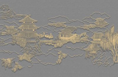 高清新中式亭台楼阁线条肌理<b>背</b><b>景</b><b>墙</b>壁画