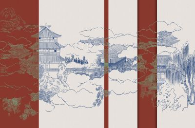 高清新中式亭台楼阁线条肌理<b>背</b><b>景</b><b>墙</b>壁画