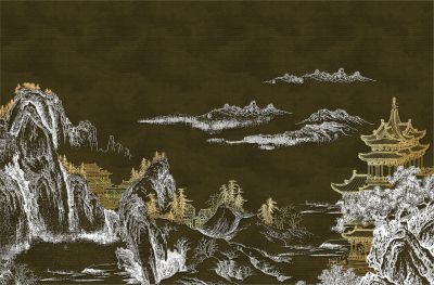 高清新中式亭台楼阁线条肌理<b>背</b><b>景</b><b>墙</b>壁画