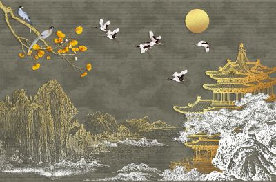 高清新中式亭台楼阁线条肌理<b>背</b><b>景</b><b>墙</b>壁画