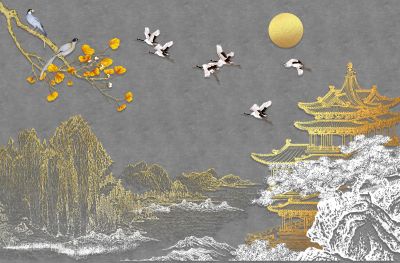高清新中式亭台楼阁线条肌理<b>背</b><b>景</b><b>墙</b>壁画