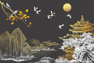 高清新中式亭台楼阁线条肌理<b>背</b><b>景</b><b>墙</b>壁画