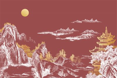 高清新中式亭台楼阁线条肌理<b>背</b><b>景</b><b>墙</b>壁画