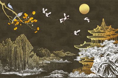 高清新中式亭台楼阁线条肌理<b>背</b><b>景</b><b>墙</b>壁画