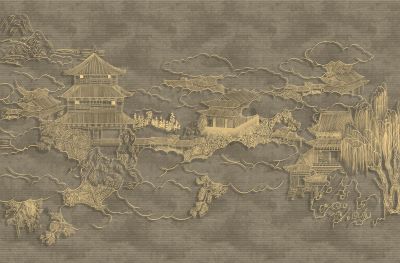 高清新中式亭台楼阁线条肌理<b>背</b><b>景</b><b>墙</b>壁画