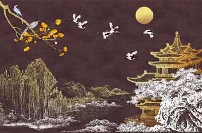 高清新中式亭台楼阁线条肌理<b>背</b><b>景</b><b>墙</b>壁画