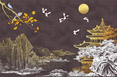 高清新中式亭台楼阁线条肌理<b>背</b><b>景</b><b>墙</b>壁画