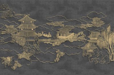 高清新中式亭台楼阁线条肌理<b>背</b><b>景</b><b>墙</b>壁画