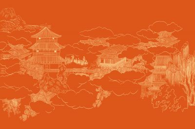 高清新中式亭台楼阁线条肌理<b>背</b><b>景</b><b>墙</b>壁画