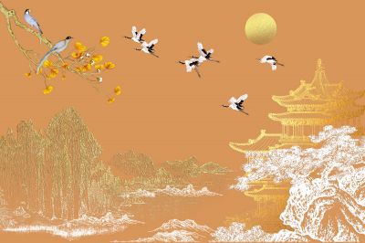 高清新中式亭台楼阁线条肌理<b>背</b><b>景</b><b>墙</b>壁画
