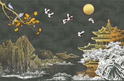 高清新中式亭台楼阁线条肌理<b>背</b><b>景</b><b>墙</b>壁画