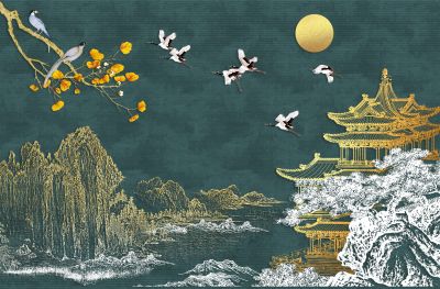 高清新中式亭台楼阁线条肌理<b>背</b><b>景</b><b>墙</b>壁画