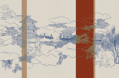 高清新中式亭台楼阁线条肌理<b>背</b><b>景</b><b>墙</b>壁画