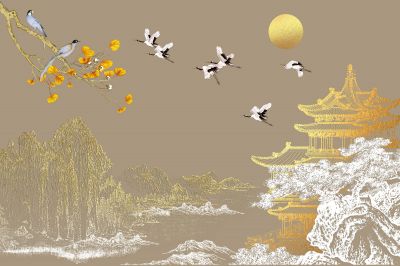 高清新中式亭台楼阁线条肌理<b>背</b><b>景</b><b>墙</b>壁画
