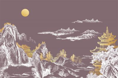 高清新中式亭台楼阁线条肌理<b>背</b><b>景</b><b>墙</b>壁画