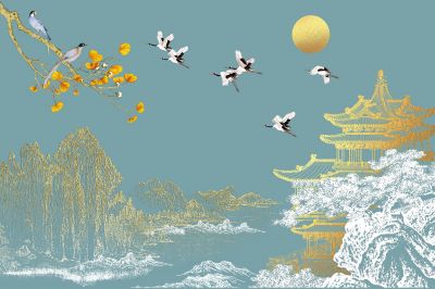 高清新中式亭台楼阁线条肌理<b>背</b><b>景</b><b>墙</b>壁画