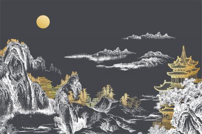 高清新中式亭台楼阁线条肌理<b>背</b><b>景</b><b>墙</b>壁画