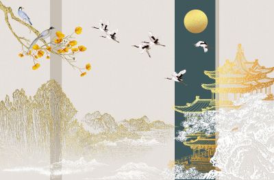 高清新中式亭台楼阁线条肌理<b>背</b><b>景</b><b>墙</b>壁画